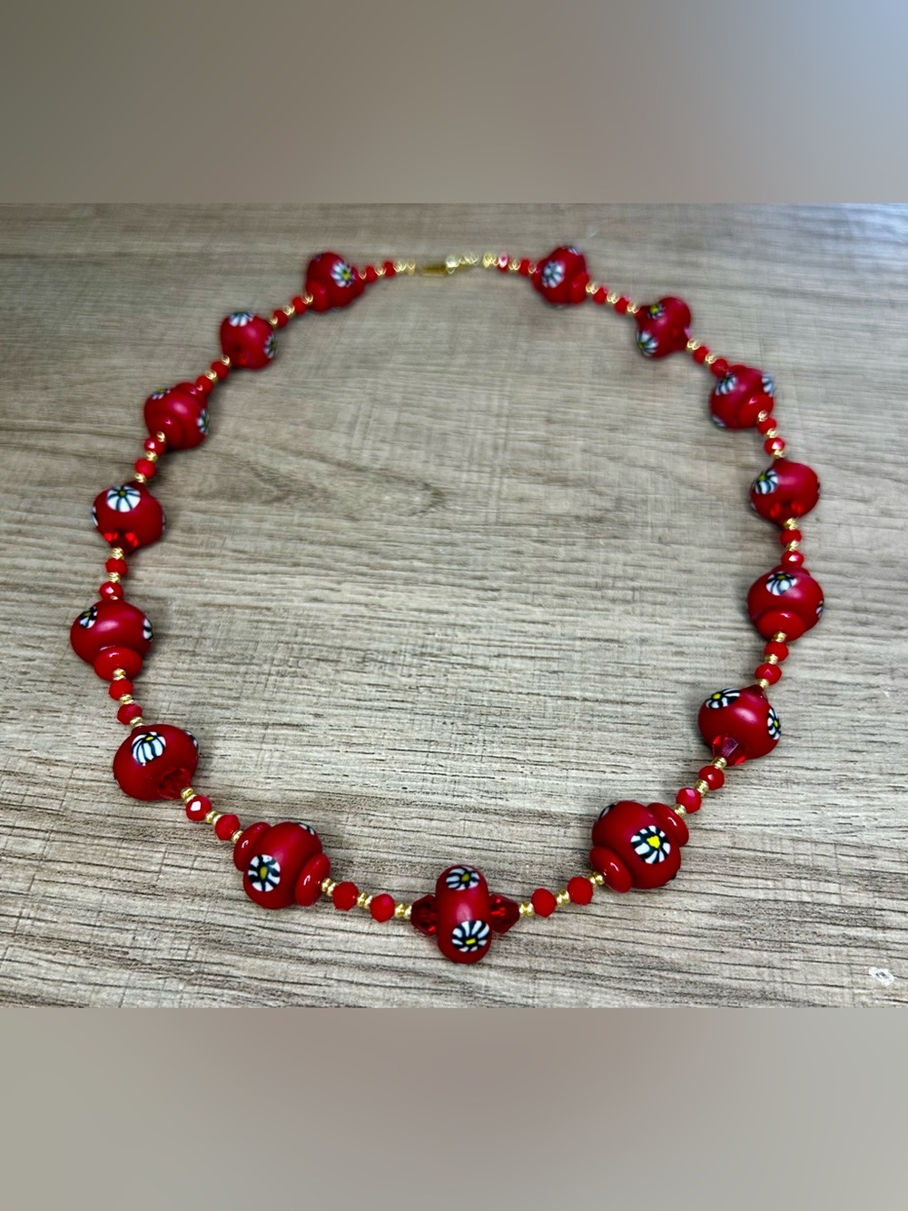Vintage red Millefiori Murano Beads & Crystals with Gold tone seed bead spacers